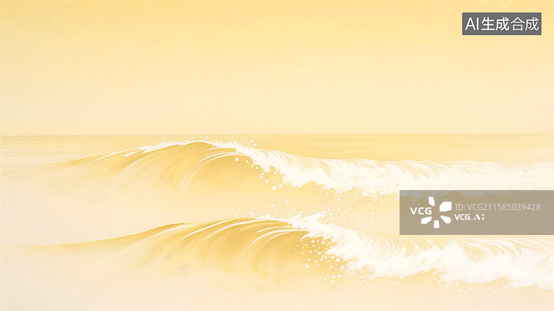 【AI数字艺术】金色沙滩上，海浪轻轻拍打，泡沫闪烁着光芒，营造出宁静的氛围图片素材