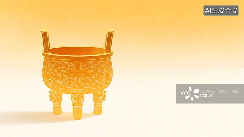 【AI数字艺术】金色鼎形器物，表面刻有复杂图案，背景为渐变黄色图片素材