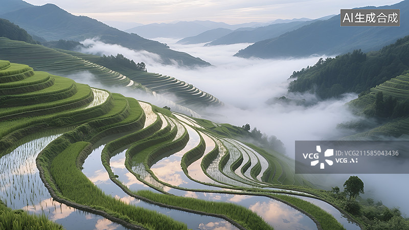 【AI数字艺术】春天云雾缭绕的水稻梯田插画图片素材