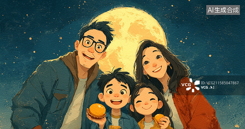 【AI数字艺术】中秋节全家福插画图片素材