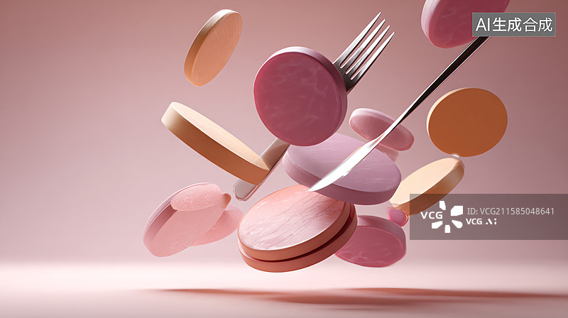 【AI数字艺术】午餐肉与餐具飞舞画面图片素材