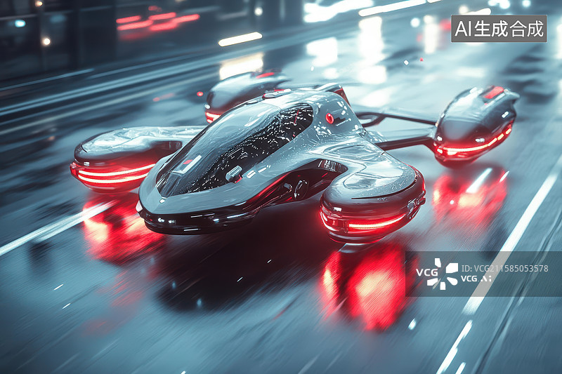 【AI数字艺术】未来四发飞行器雨夜疾驰图图片素材