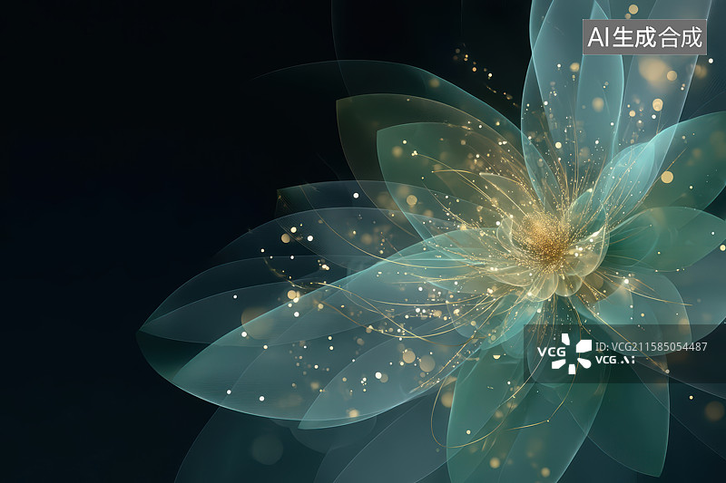 【AI数字艺术】蓝绿透明莲花金点梦幻光影图片素材