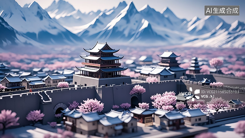 【AI数字艺术】古城桃花雪山风景插画图片素材