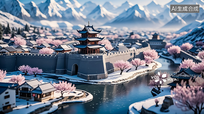 【AI数字艺术】古城桃花雪山风景插画图片素材