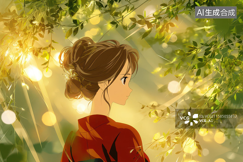【AI数字艺术】红衣女子林间阳光静美图图片素材
