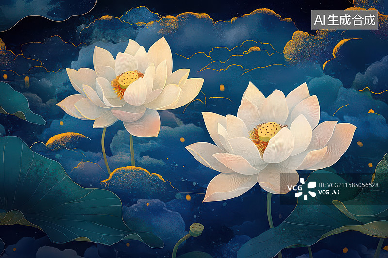 【AI数字艺术】夜色莲池荧光梦幻景观图图片素材