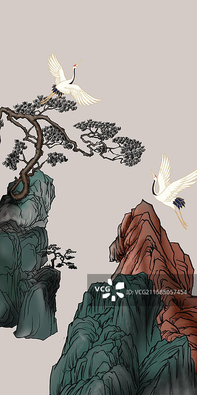 新中式国潮山脉古松仙鹤插画图片素材