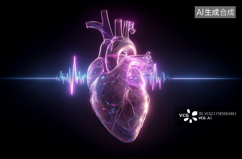 【AI数字艺术】透明心脏与心电图波形图片素材