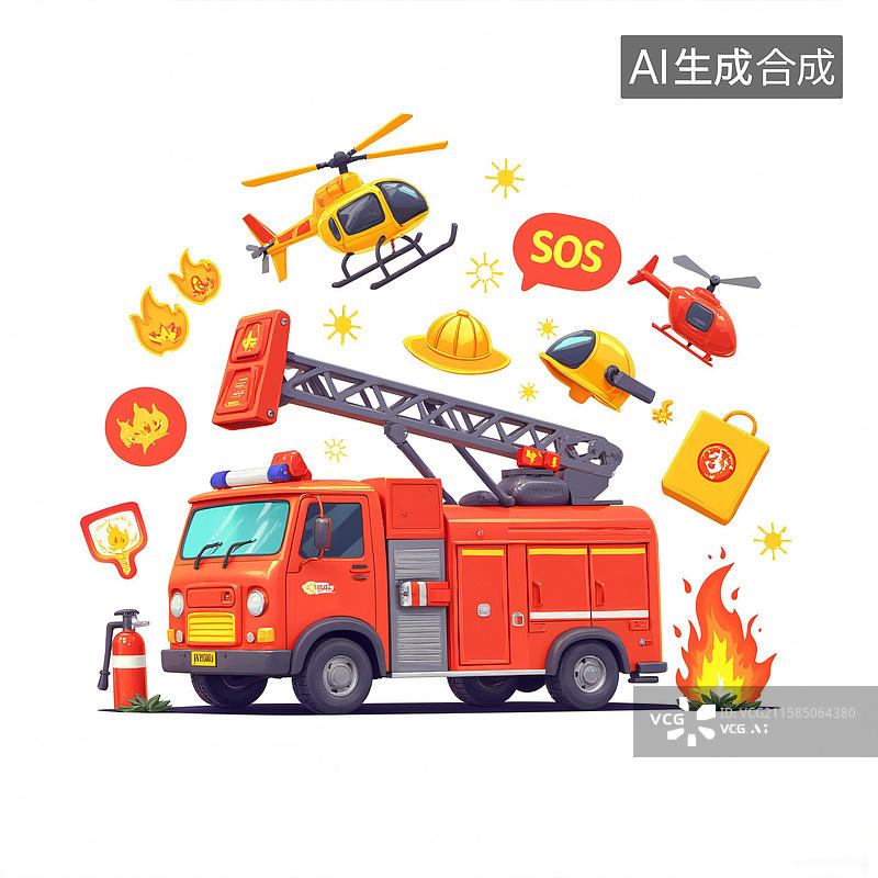 【AI数字艺术】消防车与救援设备的卡通场景图片素材