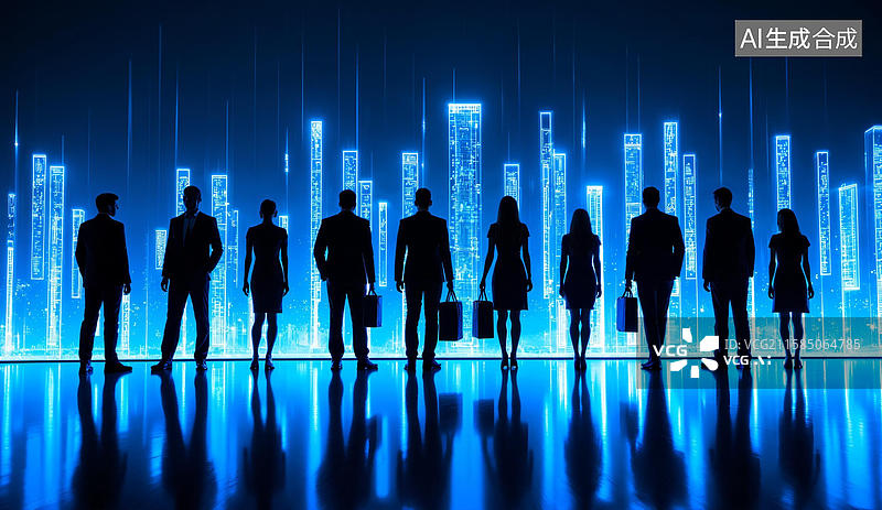 【AI数字艺术】未来科技背景下的人群剪影图片素材