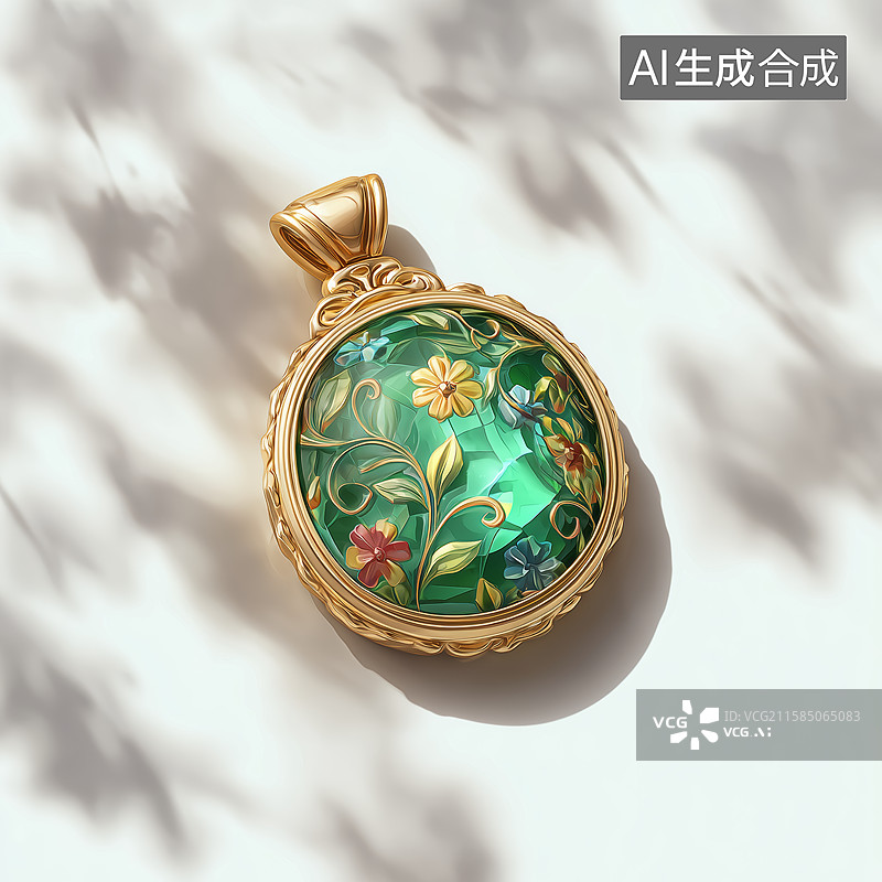 【AI数字艺术】金色边框的绿色宝石吊坠图片素材