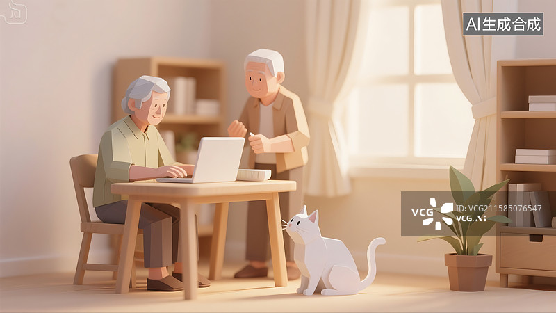 【AI数字艺术】书房里老年夫妻俩用笔记本电脑上网学习白猫盆栽书架三维图图片素材