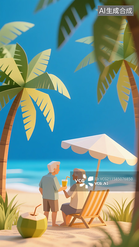 【AI数字艺术】沙滩上老爷爷给坐在躺椅上的老奶奶喝饮料椰子树遮阳伞旅游三维图图片素材