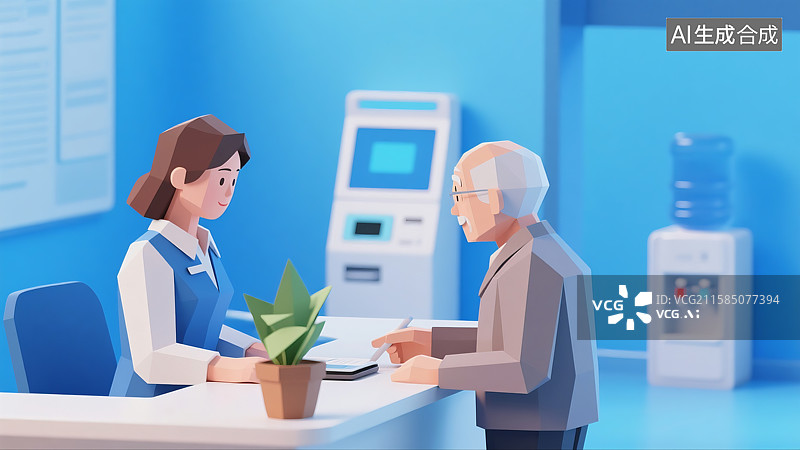 【AI数字艺术】老爷爷和前台工作人员在交谈办业务饮水机保险养老商务三维图图片素材