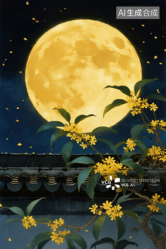 【AI数字艺术】金秋圆月照古宅月球中秋节八月十五图片素材