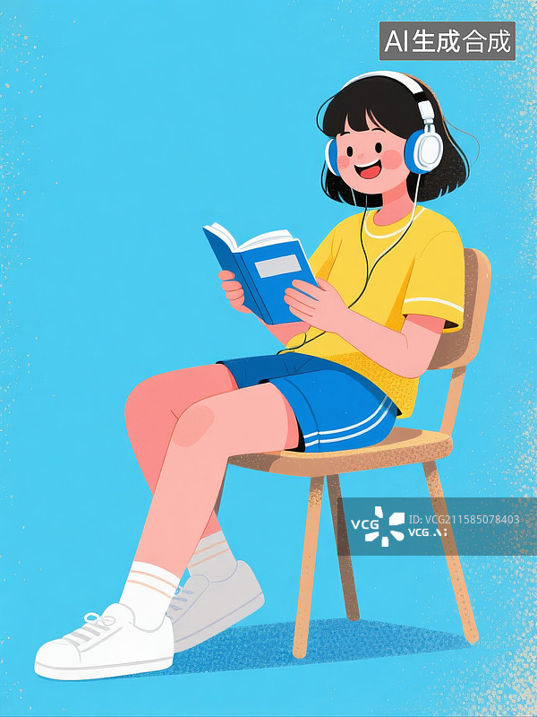 【AI数字艺术】戴耳机看书的少女世界读书日图片素材