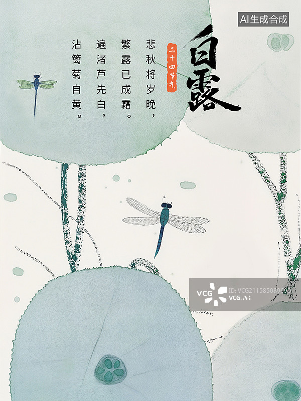 【AI数字艺术】二十四节气海报模版-秋天 中国画儿童读物绘本配图，水墨荷叶和蜻蜓 传统文化教育 水墨晕染痕迹  竖版图片素材