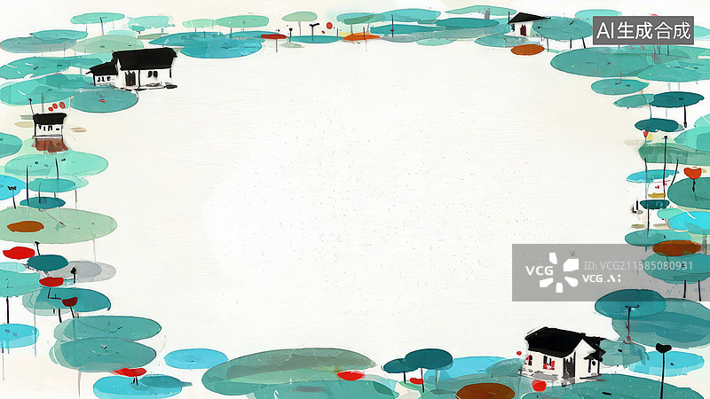 【AI数字艺术】水墨画环绕-背景壁纸-1乡村池塘边的房屋与荷叶图片素材