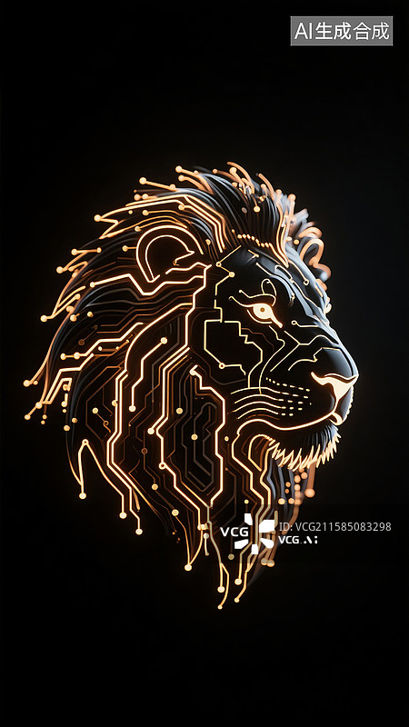 【AI数字艺术】电路设计下的数字狮子头抽象图片素材