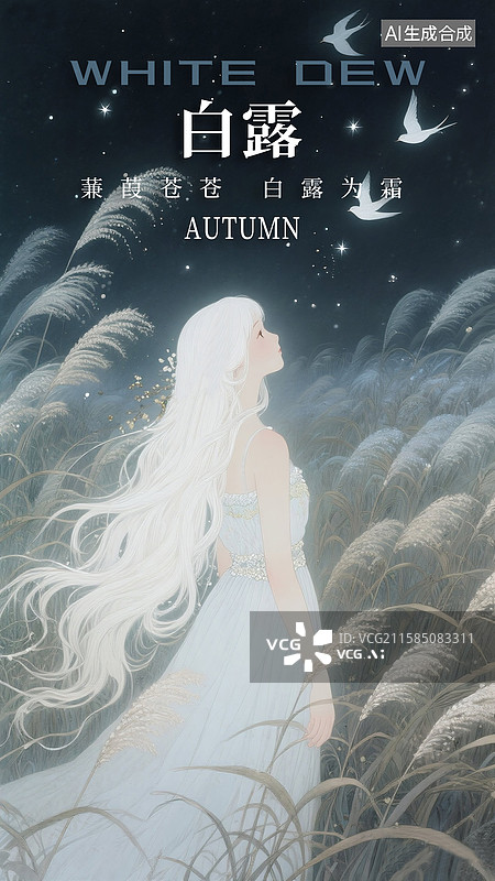 【AI数字艺术】二十四节气海报模版-秋天主题插画-芦苇丛中的长发女孩 唯美治愈系插画 秋天的夜晚 竖版图片素材