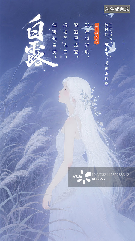 【AI数字艺术】二十四节气海报模版-秋天主题插画-芦苇丛中的长发女孩 唯美治愈系插画 秋天的夜晚 竖版图片素材