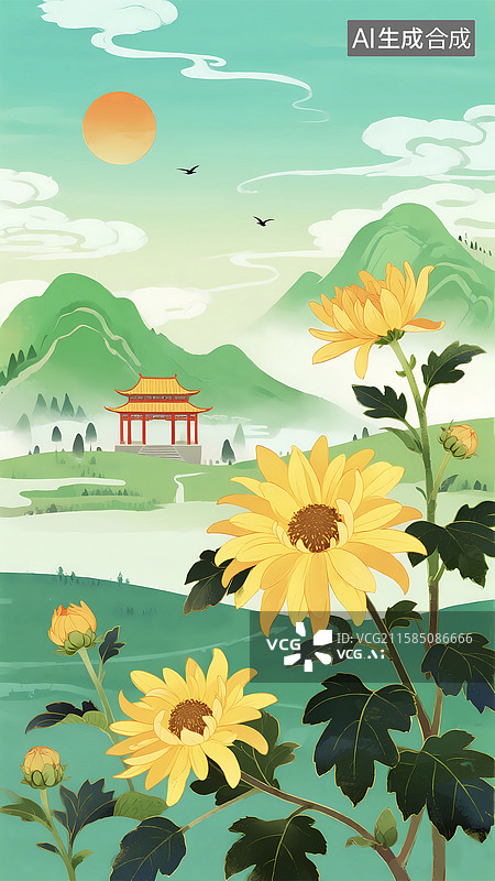 【AI数字艺术】秋天菊花古建筑重阳节插画背景图片素材