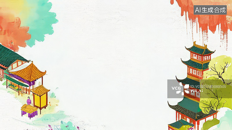 【AI数字艺术】水墨画两侧-背景壁纸-1.古典建筑与秋色的和谐画卷图片素材