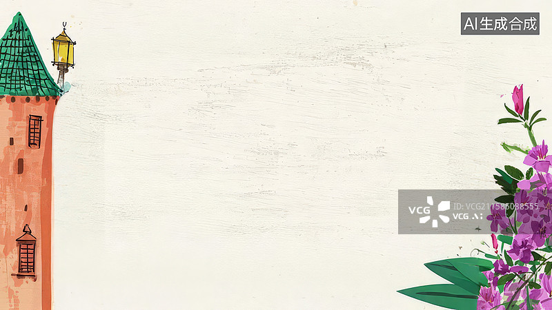 【AI数字艺术】水墨画两侧-背景壁纸-1.塔楼与花卉的梦幻场景图片素材