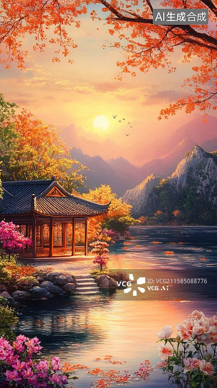 【AI数字艺术】日落晚霞夕阳下的湖边水榭楼台枫叶鲜花古建筑风景插画图片素材