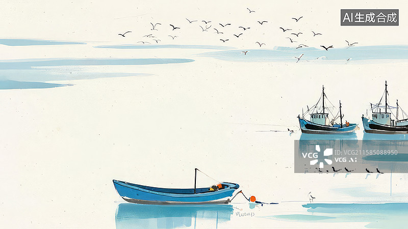 【AI数字艺术】水墨画最大-背景壁纸-1宁静海面与停泊渔船图片素材
