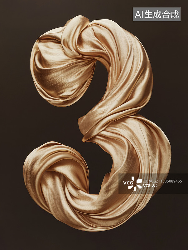 【AI数字艺术】金色香槟色数字3三丝绸绸缎图片素材