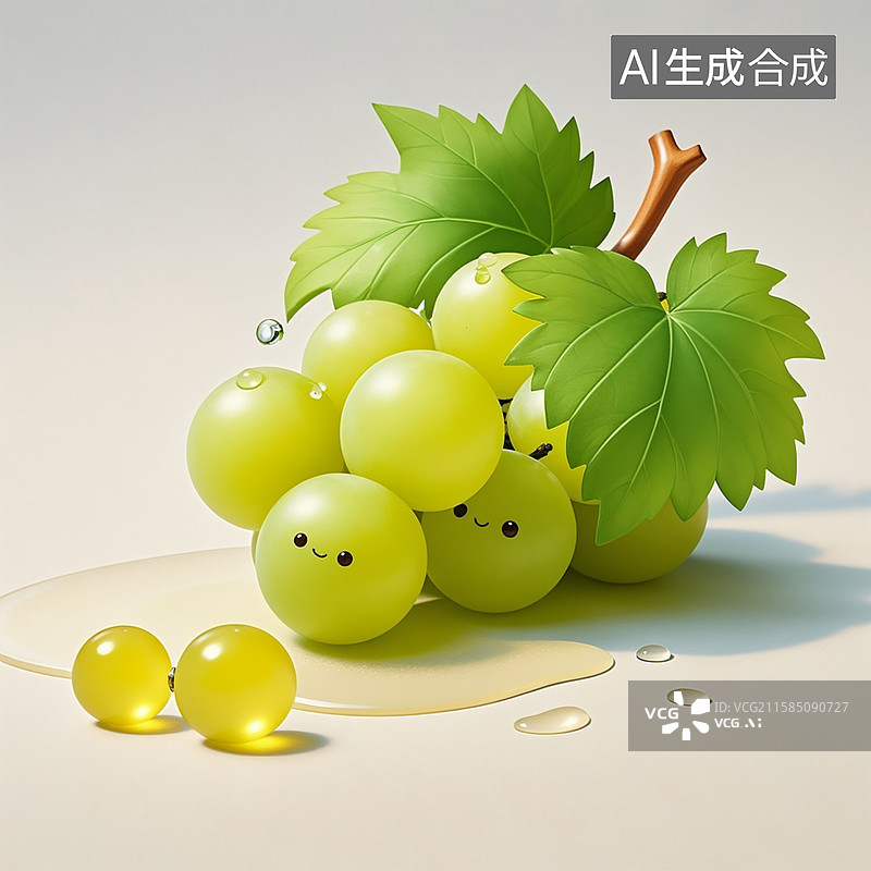 【AI数字艺术】卡通，一小串青葡萄青提，叶子表面有两颗水珠，3D手绘，高清画质，背景为纯白色图片素材