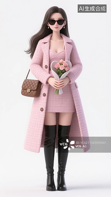 【AI数字艺术】手捧鲜花的3D粉色粗呢风衣女子图片素材