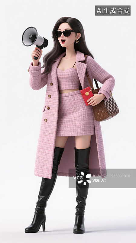 【AI数字艺术】手拿红包喇叭促销的3D粉色粗呢风衣女子图片素材