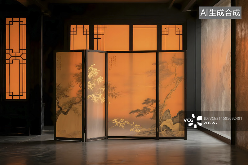 【AI数字艺术】国风室内屏风空间图片素材