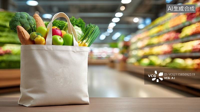 【AI数字艺术】可重复使用的购物袋装满新鲜农产品图片素材