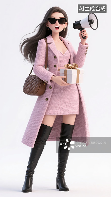 【AI数字艺术】手拿喇叭礼盒促销的3D粉色粗呢风衣女子图片素材