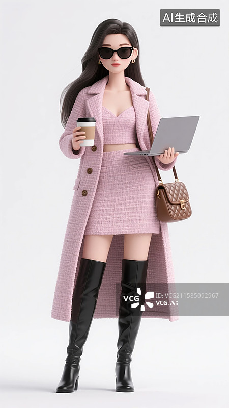 【AI数字艺术】手拿咖啡电脑的3D粉色粗呢风衣女子图片素材
