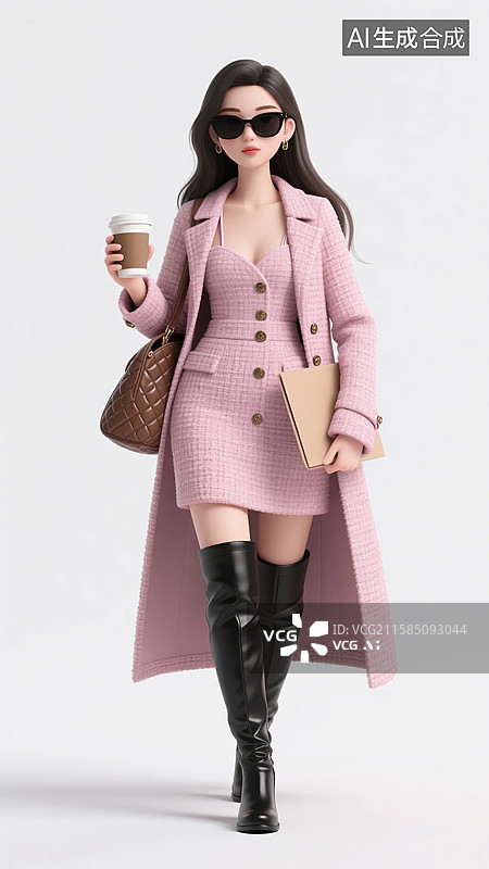 【AI数字艺术】手拿咖啡文件夹的3D粉色粗呢风衣女子图片素材