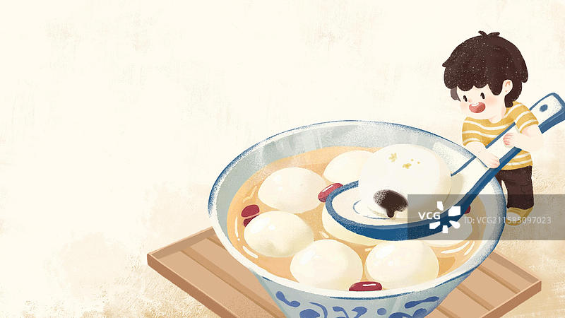 正月十五元宵节吃汤圆儿童卡通绘本手绘扁平插画图片素材