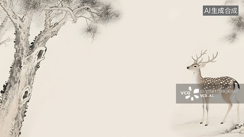 【AI数字艺术】水墨画梅花鹿两侧图片素材