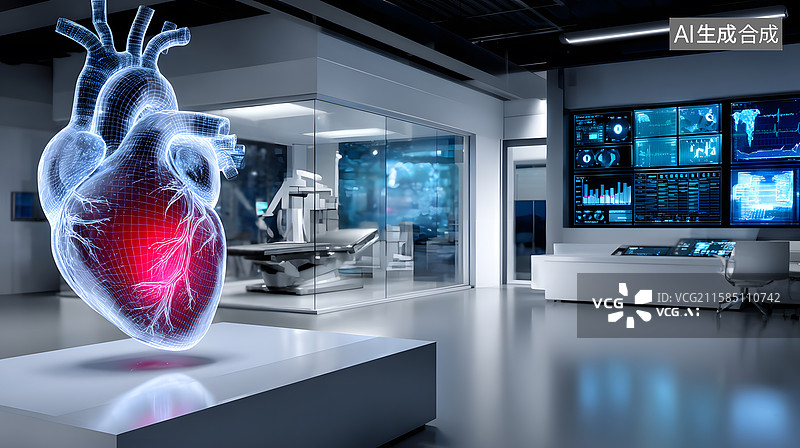 【AI数字艺术】未来医疗实验室中的心脏模型展示图片素材