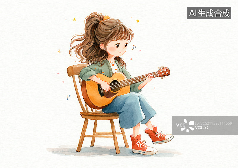 【AI数字艺术】一个女生坐椅子上弹吉他图片素材