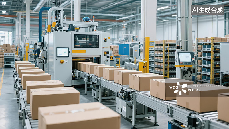 【AI数字艺术】自动化生产线上的纸箱包装作业图片素材