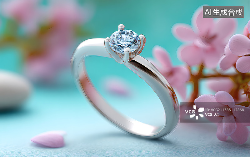 【AI数字艺术】桃花背景前一只钻戒图片素材