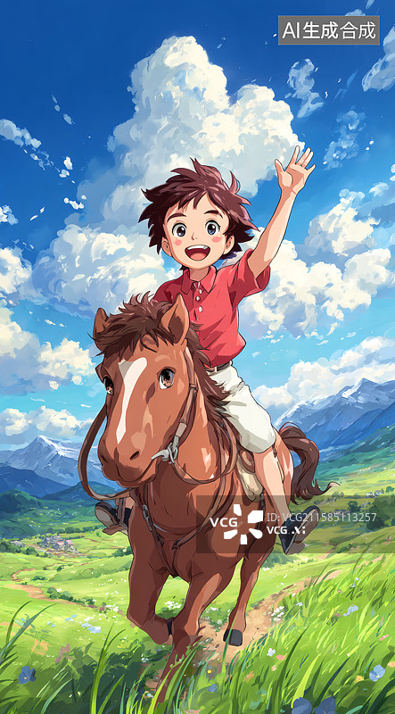 【AI数字艺术】草原上一个骑马的男生图片素材