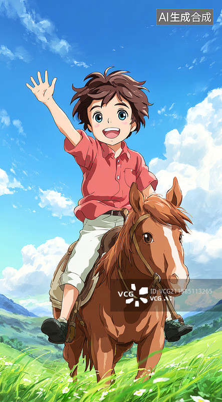 【AI数字艺术】草原上一个骑马的男生图片素材