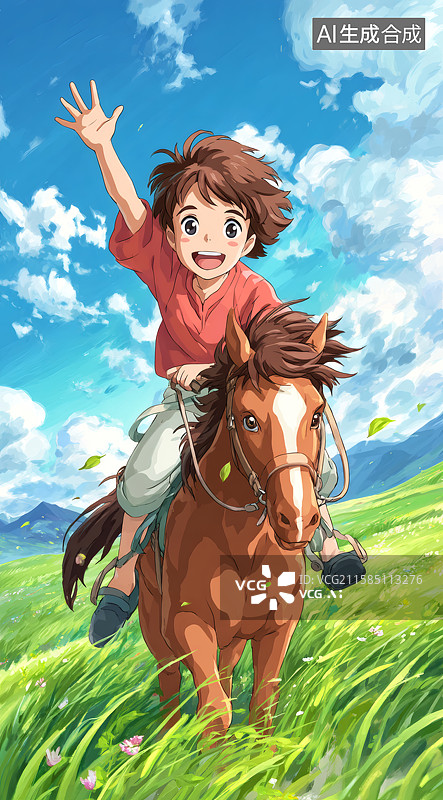 【AI数字艺术】草原上一个骑马的男生图片素材