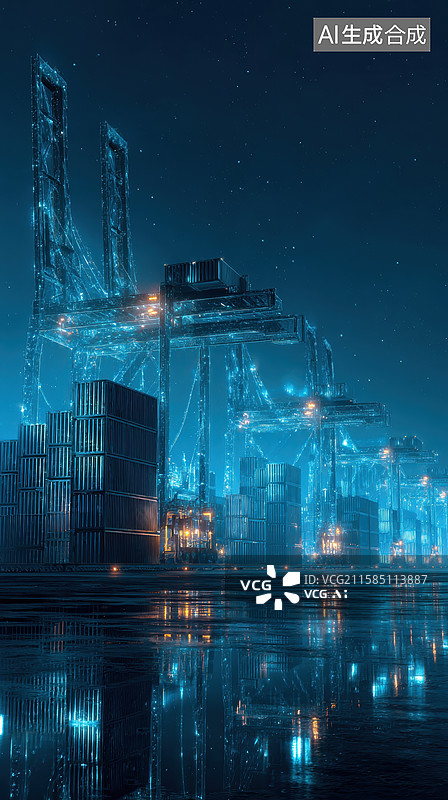 【AI数字艺术】夜幕下的港口集装箱码头图片素材